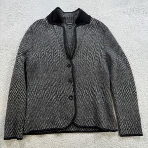 TALBOTS Women's Merino Wool Herringbone Cardigan Jacket Black White Size M